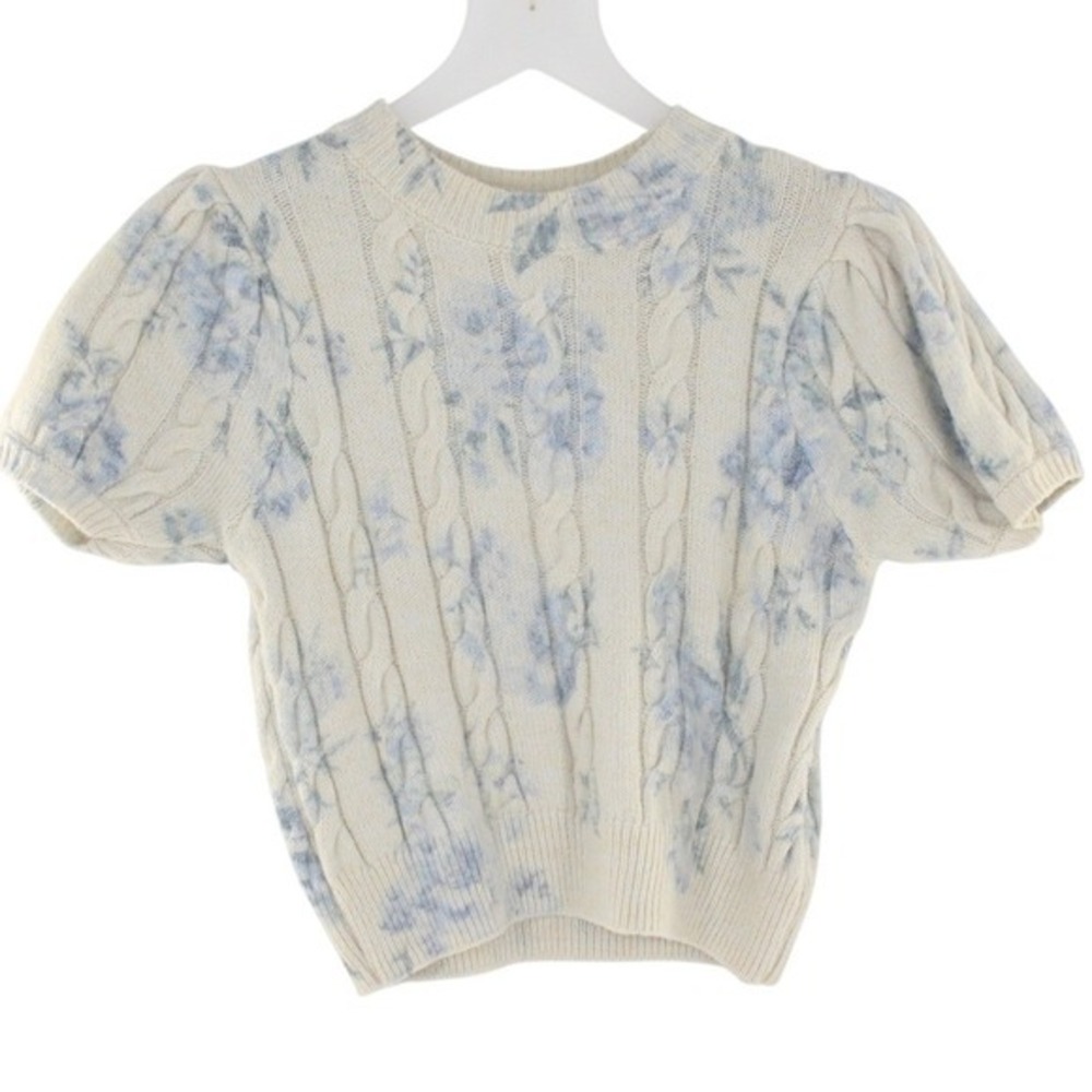 Sincerely Jules Cable Knit Sweater‎ Floral Puff Sleeve Size S Cream Blue ST692V2
